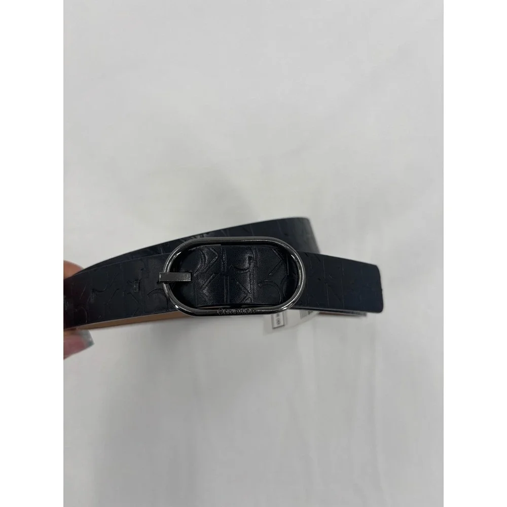 Calvin Klein Logo Belt‎ Women Size L Black Embossed Monogram Gunmetal Buckle